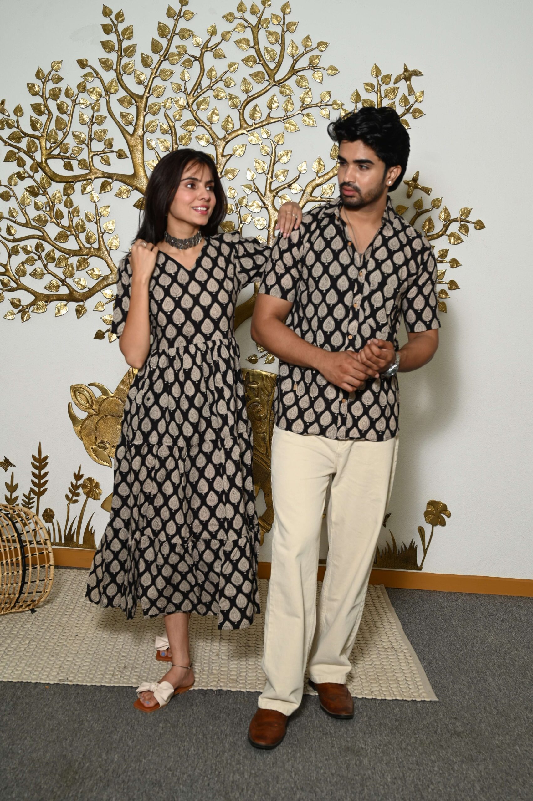 Couple Matching Black & Beige Cotton Anarkali Midi Dress and Shirt Set ? Leaf Print Twinning Outfit - Image 3