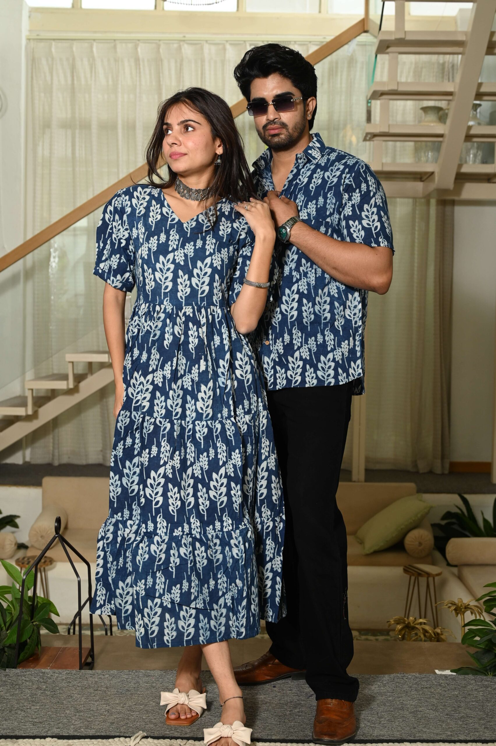 Couple Matching Blue Leaf Print Cotton Anarkali Midi Dress and Shirt Set - Image 2